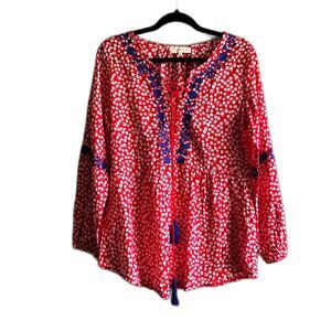 Solitaire Floral Embroidered Blouse Top Red White Blue Boho Casual - Small